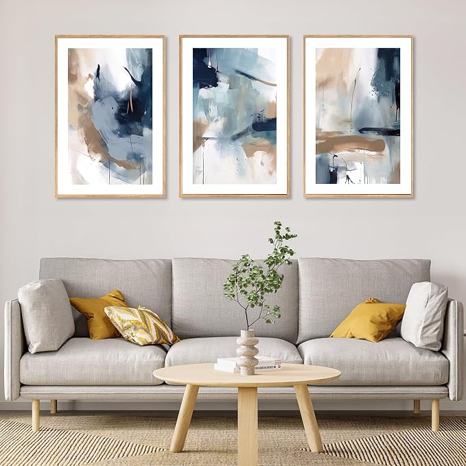 LHIUEM Large Abstract Navy Blue Framed Canvas Wall Art,Neutral Brush Stroke Wall Decor,Modern Pastel Brown Wall Painting,Minimalist Shapes Artwork for Living Room,Bedroom,Office- 24"x36"x3
