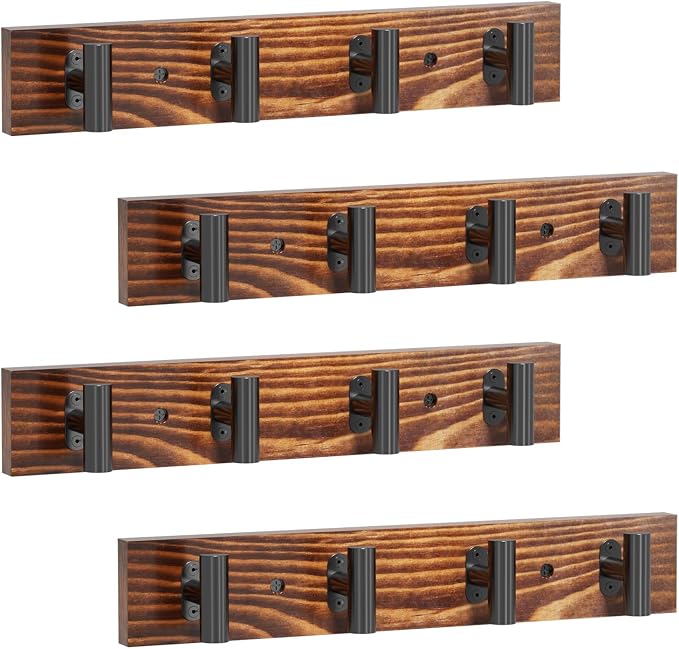 4 Pack Coat Rack Wall Mount, Rustic, Length Per Unit 16.2in | With 16 Black Metal Pre-Installed Hooks, Pine Solid Wood, Large Coat Hanger, For Entryway, Living Room, Bathroom