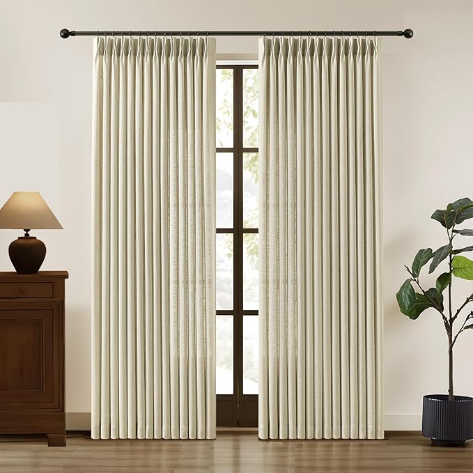 Linen Pinch Pleated Curtains 84 Inches Long for Living Room, Neutral Light Filtering Pleat Drapes Textured Thick Memory Trained Semi-Sheer Window Curtain with Hooks for Bedroom Farmhouse, 2 Panels