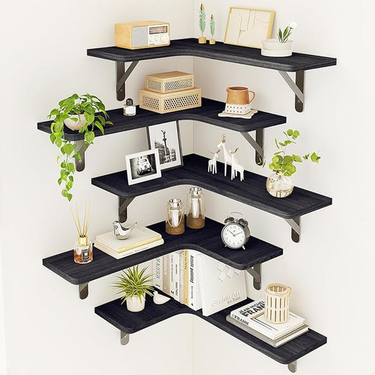 Fixwal Corner Shelves Floating Shelves for Wall Bathroom Kitchen Bedroom Home Decor Laundry Room Living Room Set of 5 (Black)