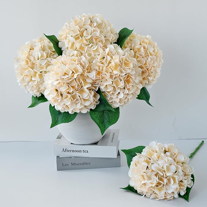 ZYTUYO 5 Pcs Champagne Silk Hydrangeas Artificial Flower Boho Dried Touch Hydrangeas 20'' Faux for Fall Home Decor Kitchen Living Room Porch Wreath Xmas Wedding Flower Arrangement