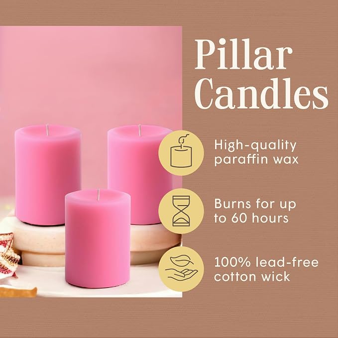 Mister Candle Dripless Unscented Pink Pillar Candles, Set of 3 Hand Poured Solid Color Non-Scented Candles for Home Decor, Premium Wax, 60 Hr Burn Time - 3x4 Inch, Pink