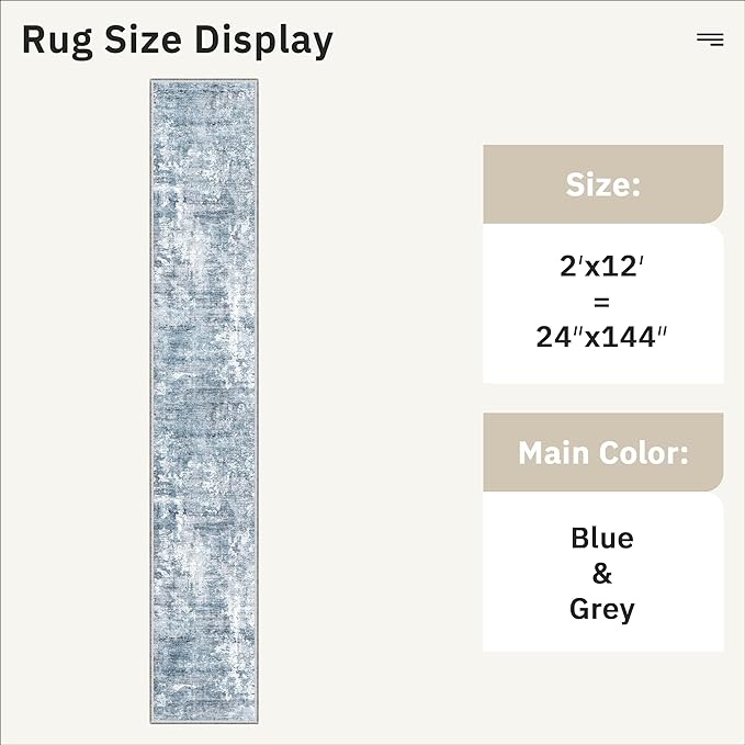 Soalmost Runner Rug 2x12 Washable Non-Slip Hallway Runner Rugs for Kitchen Bathroom Laundry Room Blue/Grey Vintage Floor Carpet Runners for Hallways Entryway
