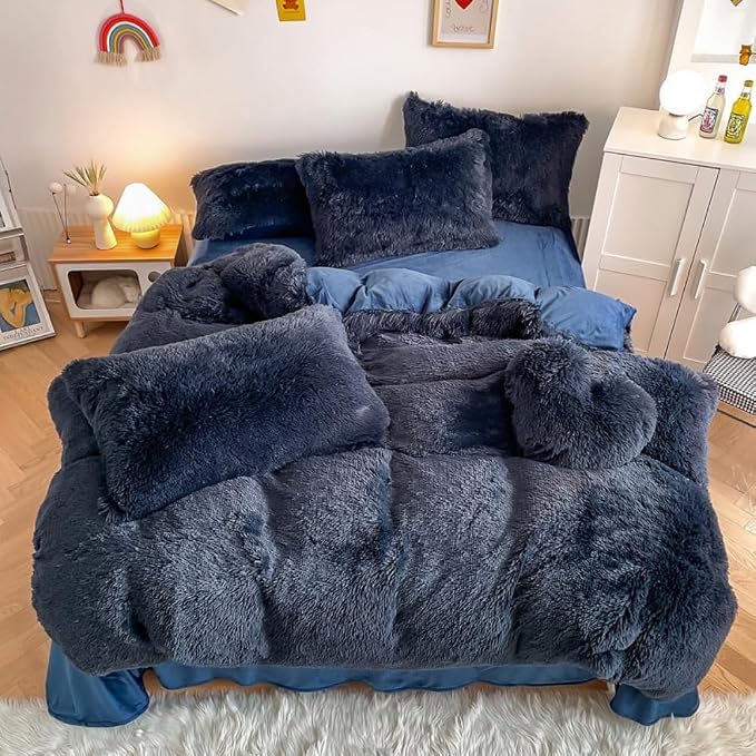 chovy Faux Fur Plush Navy Blue Comforter Sets Queen - Ultra Soft Shaggy Flannel Velvet Fluffy Fuzzy 3PC Bedding Set (Comforter x 1 Pillowcases x 2)