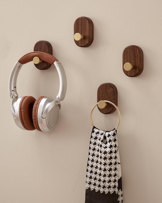 Wood Coat Hooks Wall Mount - Modern Walnut Coat Hook with Bronze Accent for Hanging Clothes,Keys,Purse,Robes,Towel,Backpacks, Single Brass Wall Hooks Heavy Duty for Entryway, Closet, Bathroom (4 Pack)