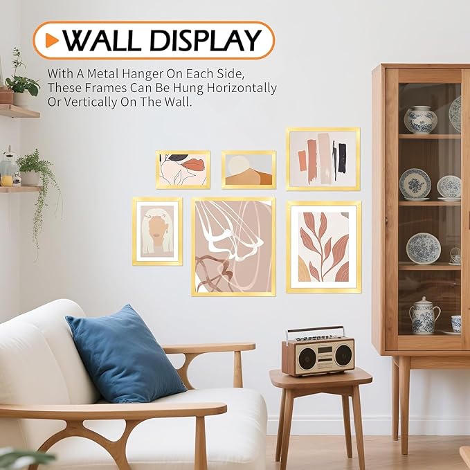 11x14 Picture Frame Set of 8, Gold Wall Gallery Hanging Photo Frames, Display Pictures 8x10 with Mat or 11x14 Without Mat, Poster Frames with Plexiglass for Home Office Wall Decor