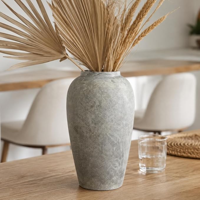 12 Inch Ceramic Rustic Vase, White Grey Farmhouse Flower Vases for Centerpieces & Home Decor, Handmade Pottery Vase for Living Room, Bedroom & Wedding Decor, Vintage Ceramic Vases for Gifts