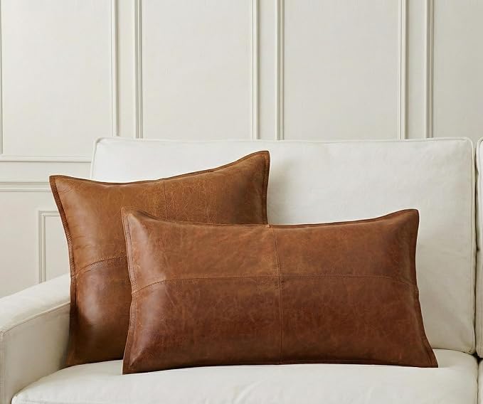 Genuine Leather Pillow Cover Case for Lumbar Throw Couch Pillows - Farmhouse Decorative Modern Sofa Thick & Soft Cushion Covers (Brown, 18" x 18")