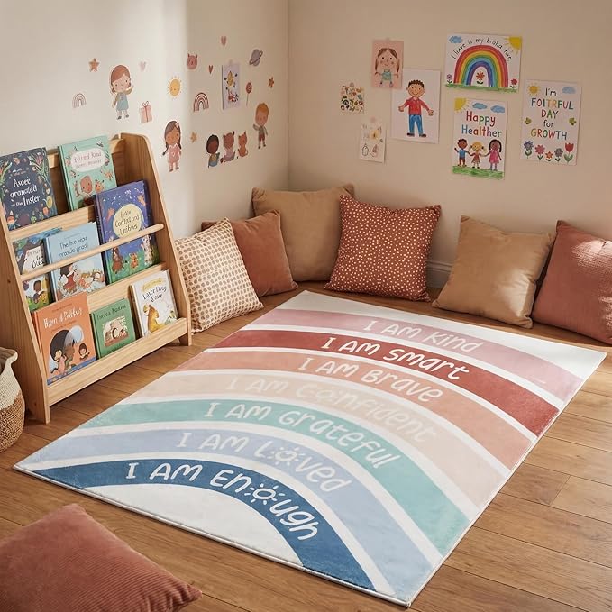 3.3 x 4 ft Boho Rainbow Classroom Rug Calming Corner Items Calm Down Reading Corner Emotion Soft Fluffy Mental Health Rug Anti-Skid Floor Mat for School Living Bedroom Playroom