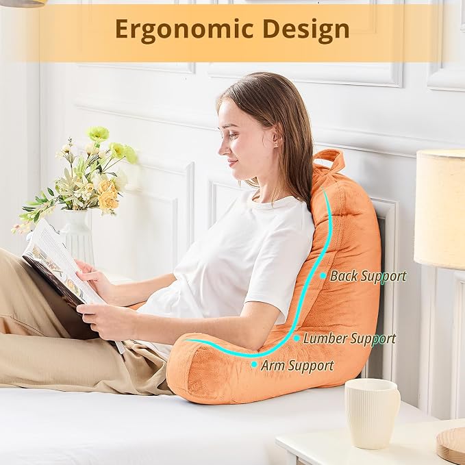 Sasttie Reading Pillow, Velvet Back Pillow for Bed Sitting Up, Adult Back-Rest Support Cushion with Arms for Sit Up on Couch, Sofa, and Floor, Dorm Essentials, Reading Accessories, Orange