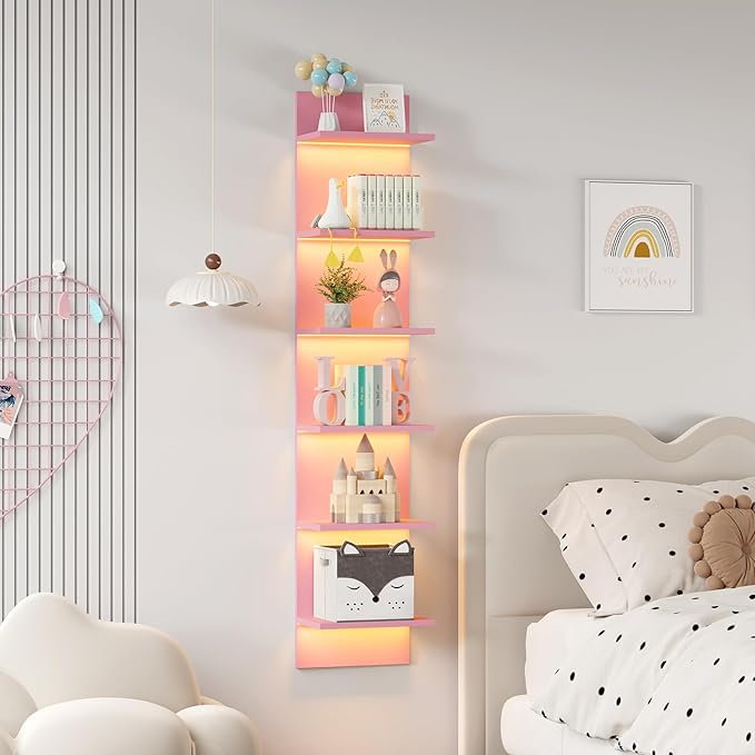 Qupui 6 Tier Wall Shelf Unit with LED Light, Display Floating Storage Home Decor Organizer Shelves for Bedroom Living Room, Pink