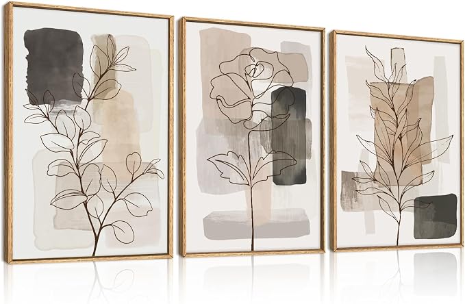 Anyzal Extra Large Neutral Floral Framed Wall Art 24x36 Inch Tan Modern botanical Canvas Wall Decor Minimalist Black Flower Prints for Living room Bedroom Dining room Set of 3