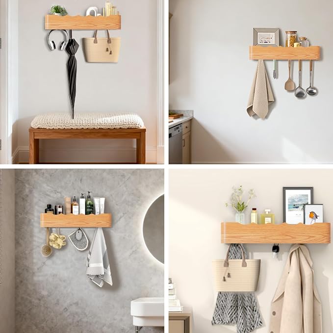 Wall Mounted Coat Rack with Shelf, Wooden Entryway Organizer with Hidden Metal Hooks for Hanging Coats Bags Keys, Modern Floating Shelf for Hallway Bathroom