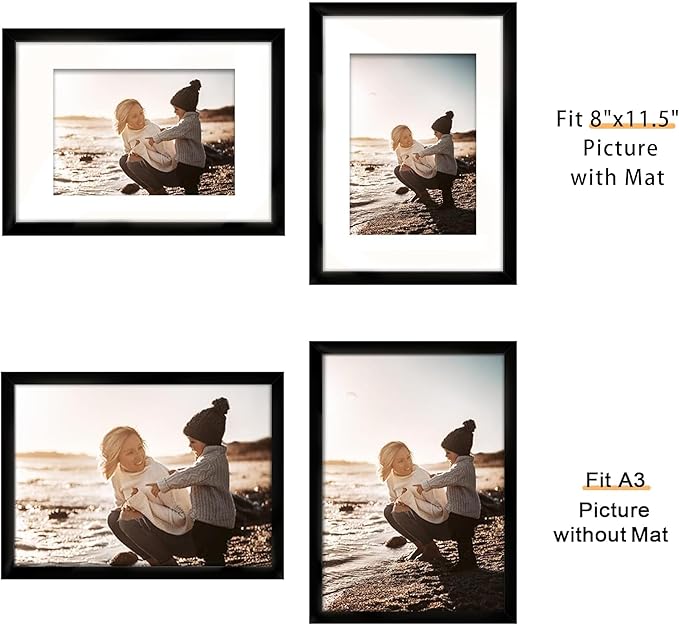 Picrit A3 Picture Frame Set of 12, Display 8.3x11.7 with Mat or 11.7 x 16.5 without Mat, Photo Frames for Wall Mounting Display, Black
