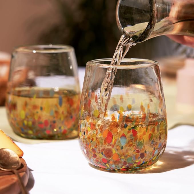 Segunda Vida Artistico Hand Blown Stemless Wine Glasses, Recycled Drinking Glasses with Rainbow Speckled Pattern, Mexican Glassware for Wedding Gifts, Housewarming, Cocktail Party, 13 oz Set of 2