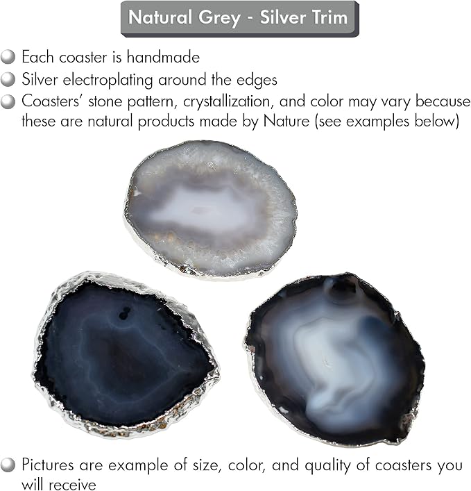 Nature's Decorations Natural Agate Stone Coasters with Real Silver Edge - Set of 4 Polished Geode Drink Mats for Dining & Coffee Table & Kitchen Decor No Dye 3.5-4" Diameter