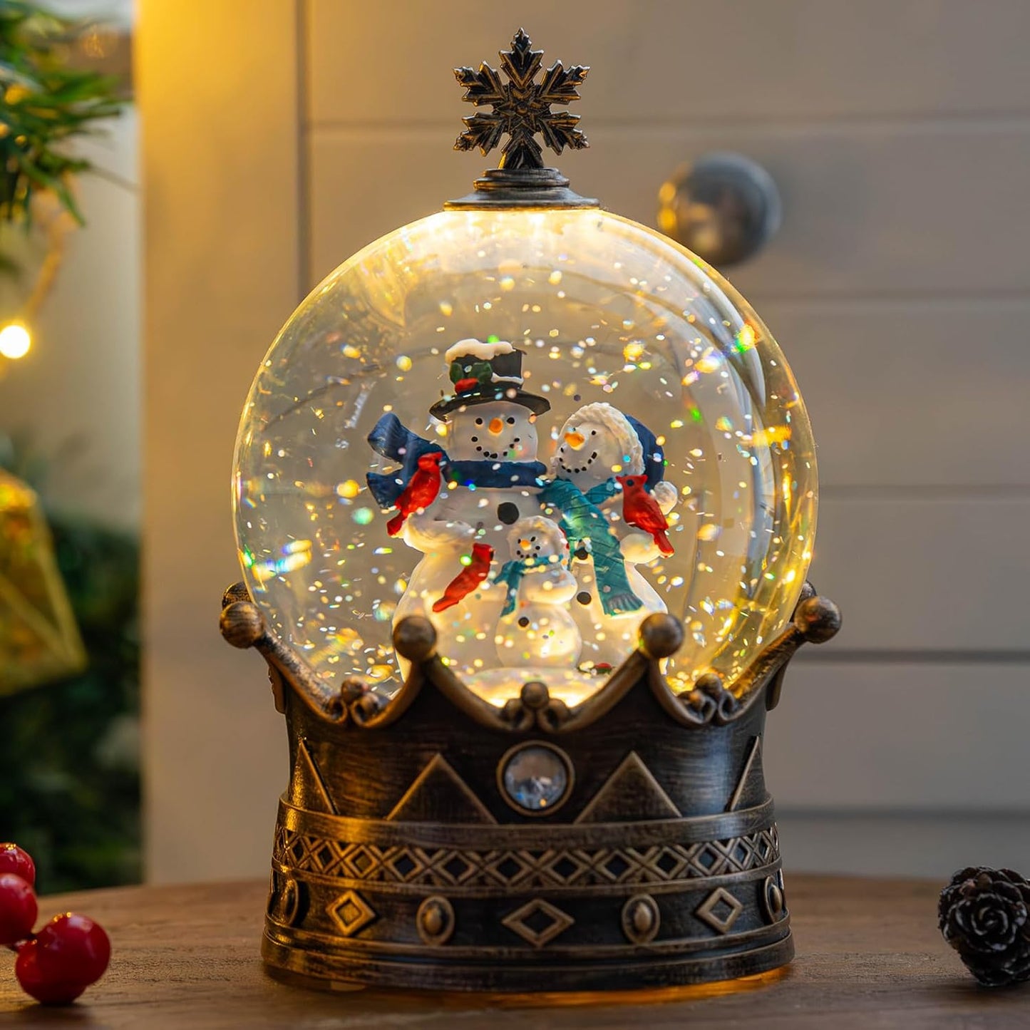 Christmas Snow Globe Lantern Water Glittering Snowman Family Crown with Music, USB Lined/Battery Operated Lighted Lantern for Christmas Festival Decoration Gifts