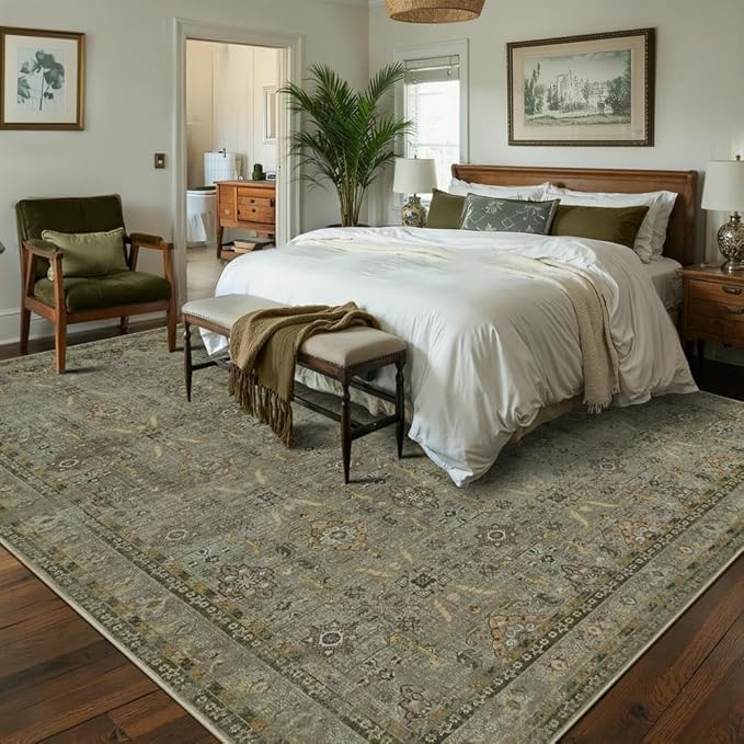 Rugxara 8x10 Area Rugs for Living Room Bedroom, Large Washable Rug, Vintage Floral Boho Rug, Non Slip & Low Pile Faux Wool Thin Carpet for Indoor Dining Room and Kids Room(Olive Brown 8x10ft)
