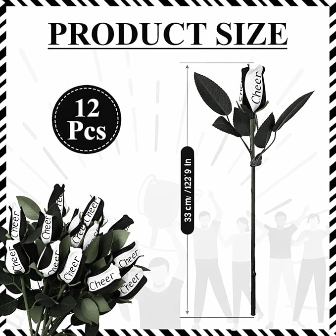 Suhine 12 Pcs Black Cheer Gifts Cheerleader Cheerleading Artificial Rose Flowers Gifts Bulk for Women Cheer Team Sport Game Day Birthday Graduation Party Decorations Favors(Black White, Normal)