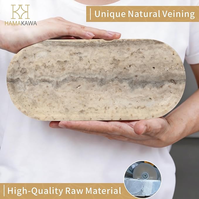 Bathroom Vanity Tray, Natural Marble Oval Tray 10 inch, Light Grey Travertine Vanity Tray for Soap Dispenser Modern Countertop Organizer for Kitchen Countertops, Home Decor