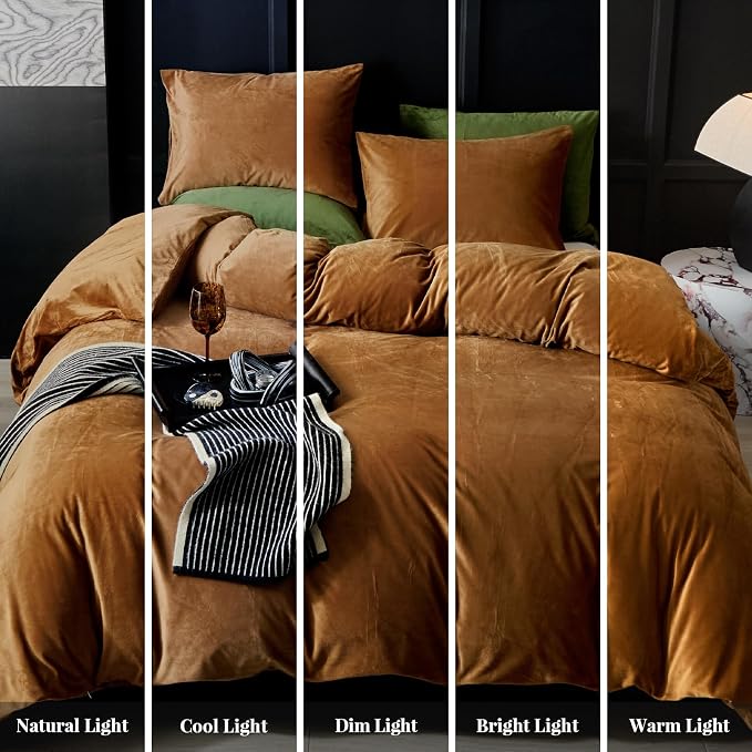 WARMDERN Camel Flannel Velvet Duvet Cover Queen Size Duvet Cover Bedding Sets, 3pcs Ultra Soft Luxury Textured Modern Crystal Velvet Duvet Covers with Zipper Closure(Camel, Queen)