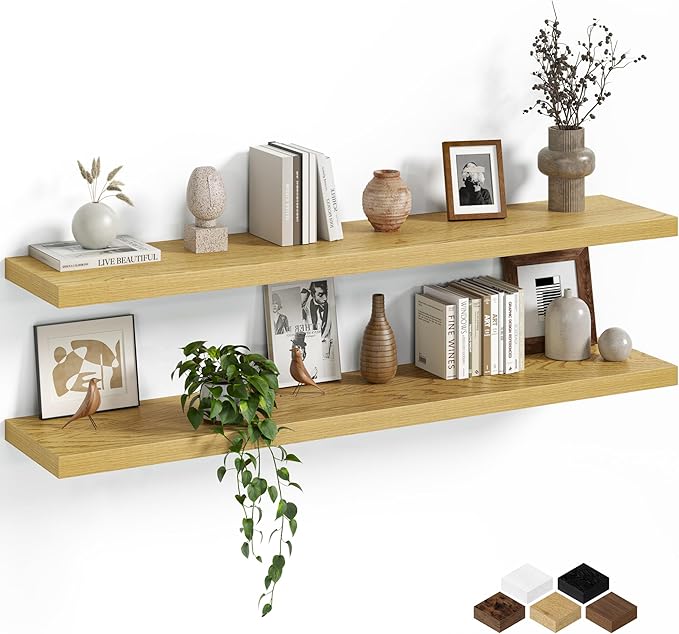 Fun Memories Floating Shelves for Wall, 48 Inch Long Set of 2 Rustic Wood Wall Shelves with Invisible Brackets, Heavy Duty Storage Display for Living Room Bedroom Kitchen, Oak