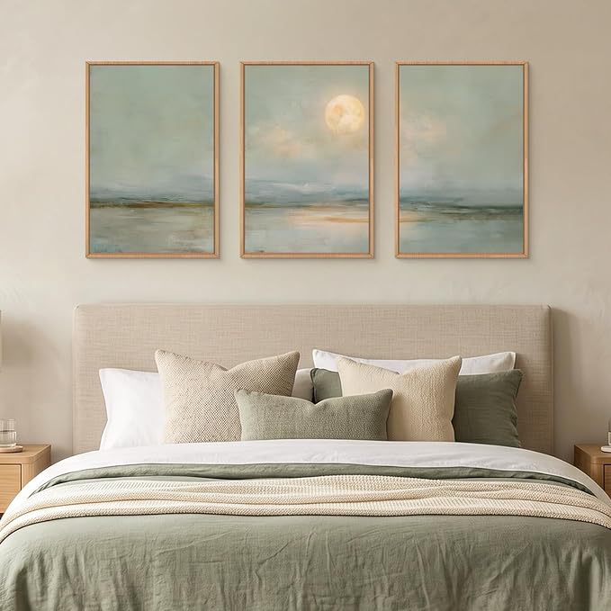 LHIUEM Large Abstract Moon Green Framed Canvas Wall Art Set,Minimalist Beige Gray Wall Decor, Nature Lake Landscape Art Painting for Living Room,Bedroom,Dining Room,Office -24"x36"x3