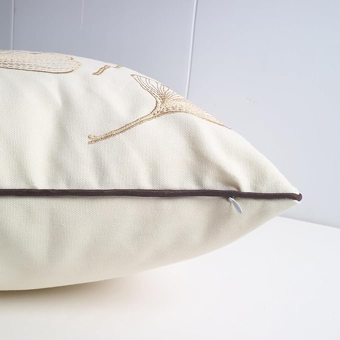 Embroidery Throw Pillow Covers 18x18 Fine Thread Golden Ginkgo Leaves Home Decor Floor Pillow Cover for Couch 100% Cotton Cushion Cover Embroidered Throw Pillow Case 45x45cm, 2 Pieces