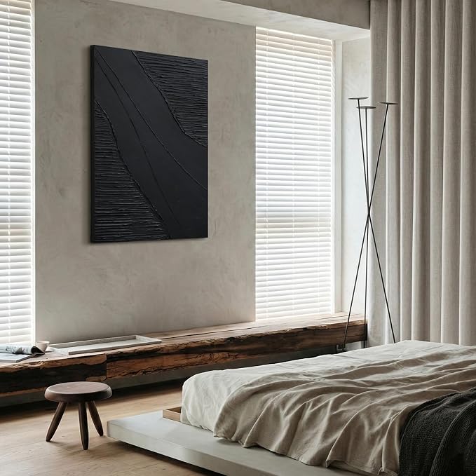 Hand-Painted Black Abstract Canvas Wall Art, Modern Minimalist Oil Painting | Vertical 3D Textured Monochrome Artwork for Living Room Bedroom Office Hallway, Large Ocean-Inspired Wall Decor, 24x36 In