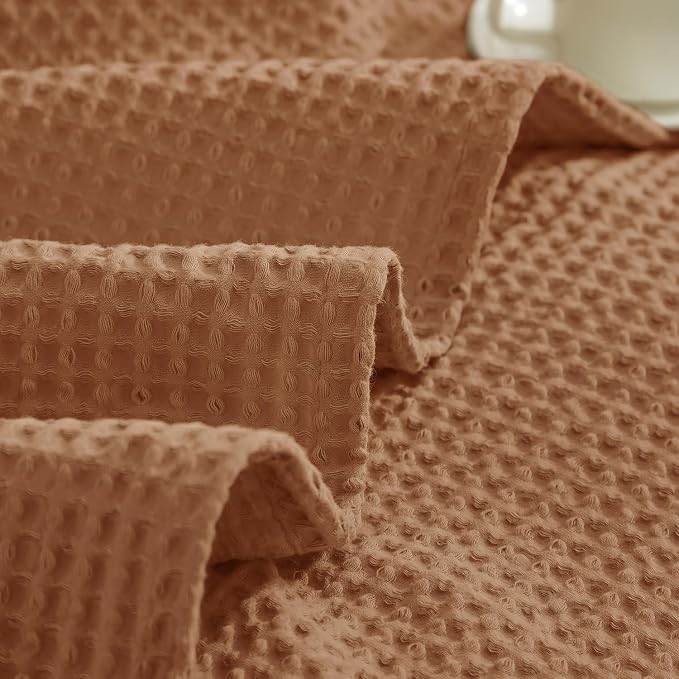 PHF Pre-Washed Cotton Waffle Weave Blanket Queen Size for Bed,Snag Proof Throw Blanket for Couch Spring Summer Lightweight Breathable,Oeko-TEX Certified,Machine Washable,Home Decor Gift-Cinnamon Brown