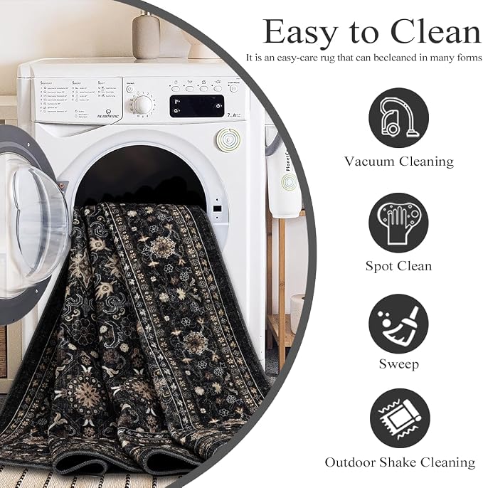 Ruaruarug Washable Area Rug 6x9 for Living Room, Bedroom, Ultra Soft Non Slip Stain & Fade Resistant, Pet & Kids Friendly, Suitable for High Traffic Areas Easy to Clean for Office Kitchen, Black Grey