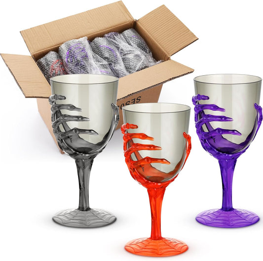 Dandat 24 Pcs Halloween Skeleton Hand Goblets 12oz Clear Plastic Halloween Cups Skull Wine Glass Set for Creepy Spooky Party Decorations(Black, Purple, Orange, Gray)