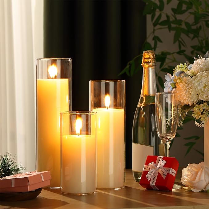 Shihanee Set of 3 Pillar Candles and 3 Glass Cylinder Candle Vases Holders Clear Pillar Jars for Wedding Centerpieces(3.4'' X 7", 9.8", 11.8",Ivory White)