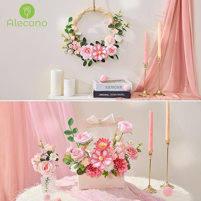 Alecono Crochet Flower Bouquet, Knitted Flowers, Pink Handmade Bouquet of Flowers for Mother's Day Anniversary Birthday Party Graduation Valentine's Day Gifts (Include Card)