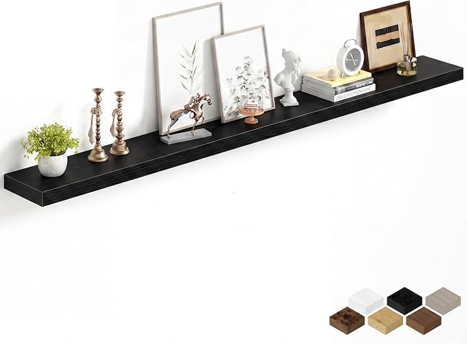 Fun Memories 72Inch Long Floating Shelves, 8 Inch Deep Shelves for Bedroom|Living Room, Wall Mounted Wood Hanging Shelf with Invisible Brackets for Fireplace Mantel Home Storage Decor, Black - 1 Pack