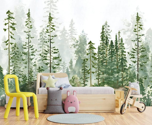 Boys or Girls Cartoon Pine Tree Forest wallpeper Nursery Kids Bedroom Wall Mural - 91"x65"（Not Peel and Stick）