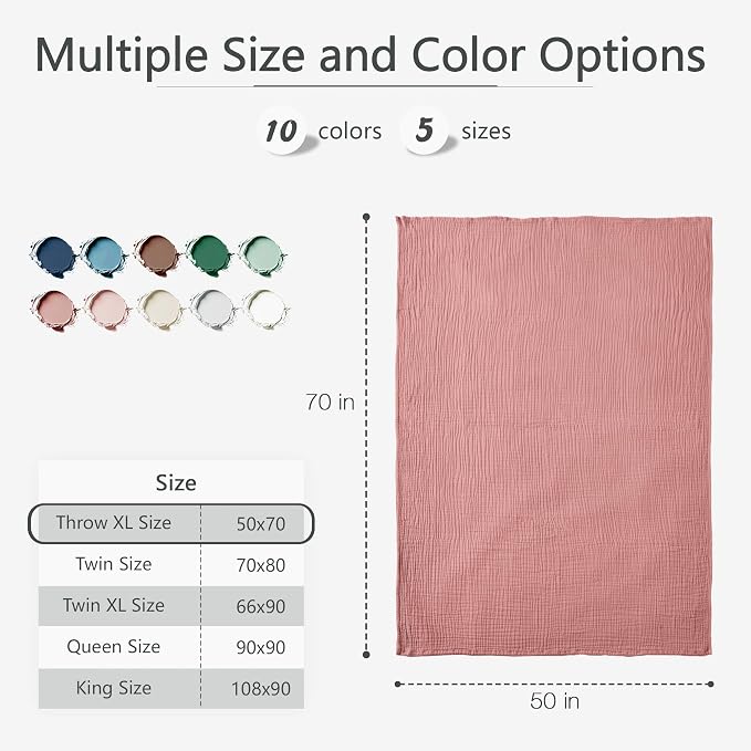 Carriediosa 100% Cotton Muslin Throw Blanket 50" X 70" Throw XL Size，4-Layers Summer Gauze Throws for Bed Couch，Soft Lightweight Breathable Linen Blankets Bedspread for Adults All Season，Mauve