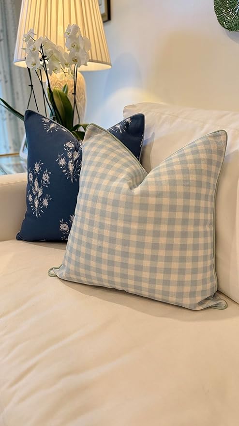 Jillien Harbor “The Charlie” Decorative Pillow Cover – Blue and White Accent Pillow Cover with Gingham-Inspired Design – Grandmillennial Home Decor, 20" x 20"