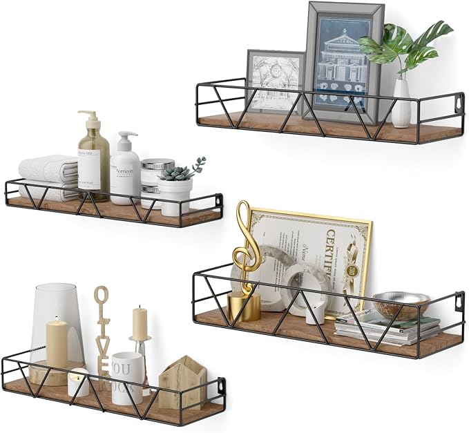 Amaoot Floating Shelves Set of 4, Home Wood Wall Shelf, Farmhouse Shelf for Bedroom, Wall Mounted Floating Shelf for Living Room, Bedroom, Bathroom, Kitchen, Office (Brown)