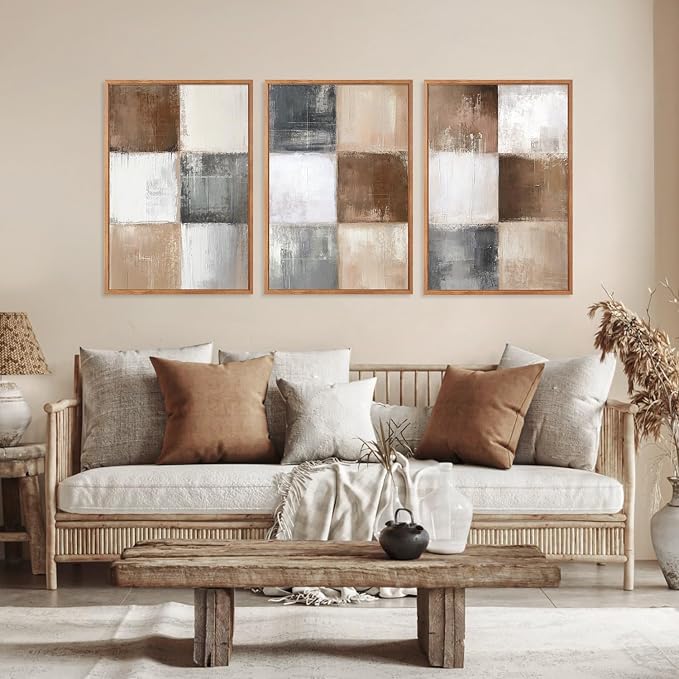 HOURIA 3Pcs Boho Brown Beige White Grey Square Lattice Canvas Wall Art 16"x24", Vintage Mid Century Modern Earth Tone Wall Decor, Minimalist Neutral Illustration Art Print for Office Living Room Home