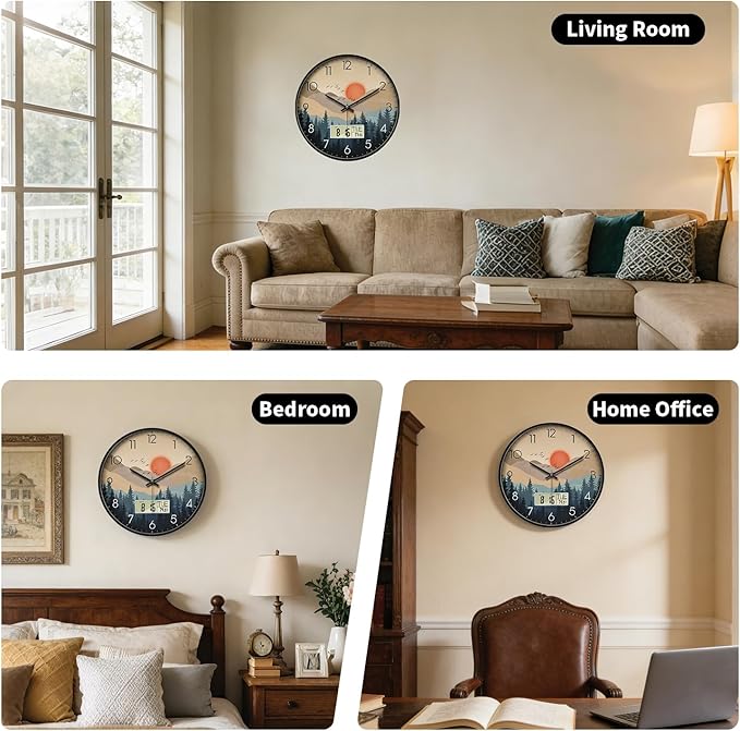 14 Inch Wilderness Sunset Wall Clock, Silent Non-Ticking Battery Operated Analog Clock with LCD Date, Day & Temperature Display, Modern Wall Clock for Living Room, Home Office, Bedroom, Farmhouse