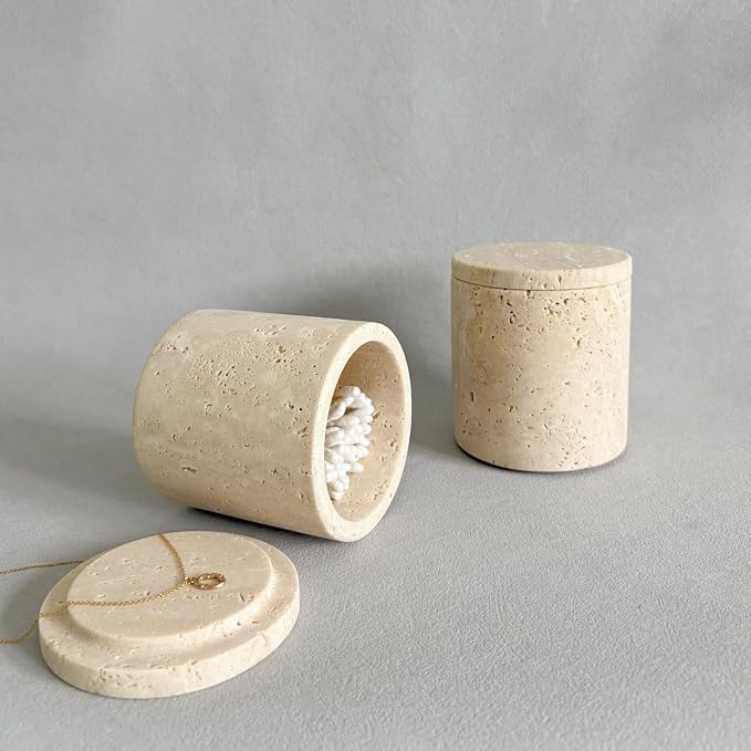 Natural Marble Stone Travertine Jar Container Storage Box Cup with Lid (Beige Travertine)