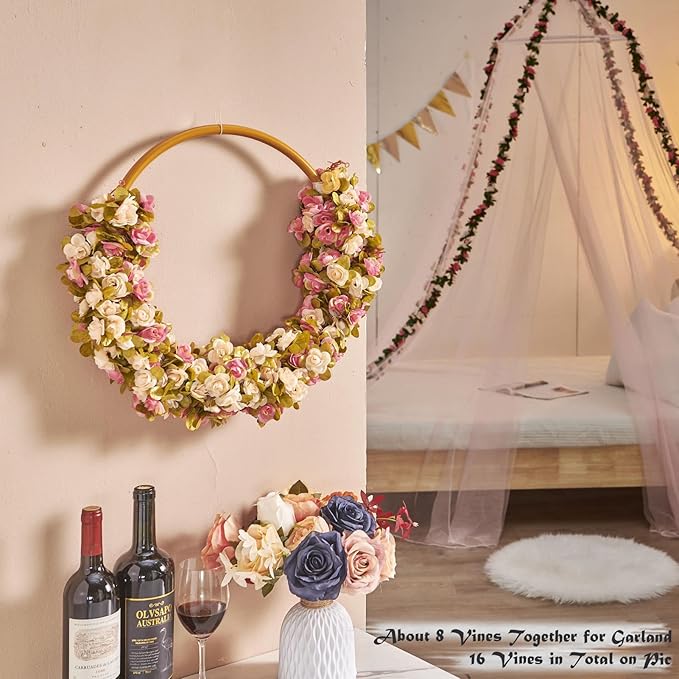 PONKING 8 Pcs x 8.2 ft Flower Garland Artificial Rose Vine Flowers with Green Leaves Hanging Fake Roses Vine for Room Party Home Wedding Birthday Christmas Wall Arch Decor, Champagne Pink Flower