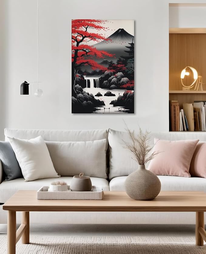 KPLUNDO Japanese Wall Art Asian Landscape Canvas Prints Red and Black Cherry Blossom Trees Picture Vintage Painting for Bathroom Living Room Bedroom Home Wall Decor(Art-2,12.00x18.00 inch)
