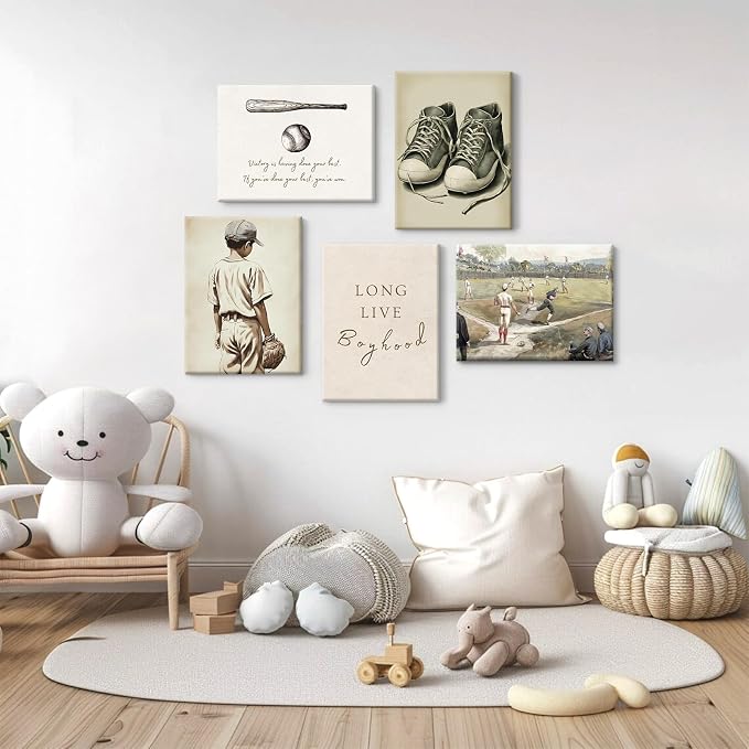 Baseball Nursery Wall Art Decor Vintage Boys Room Canvas Posters Sports Boy Pictures Baseball Vintage Nursery Painting Neutral Sport Kids Room Prints Wall Art for Bedroom 12x16x5 Inch Framed ﻿
