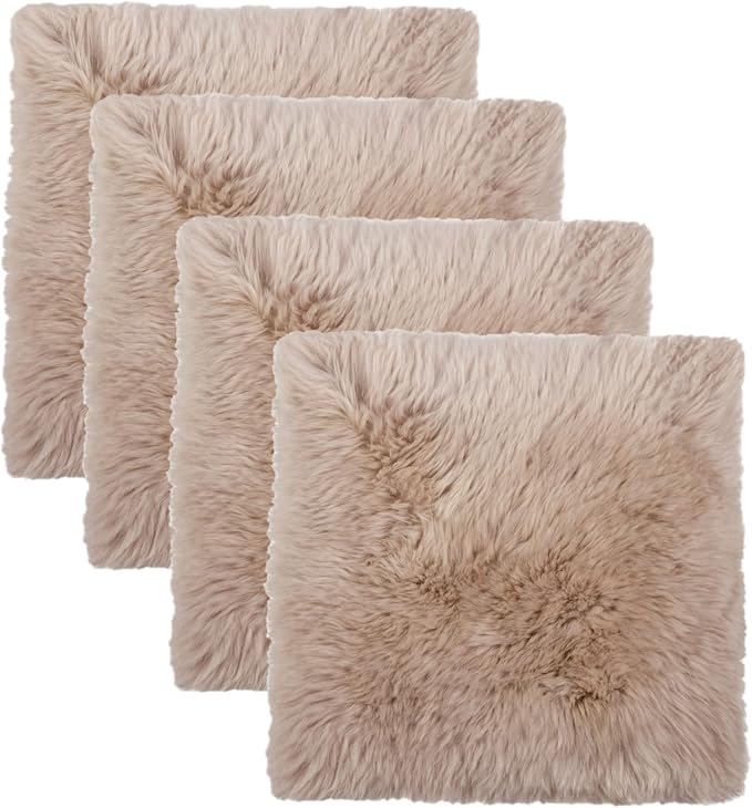Set of 4, Natural Sheepskin Chairpad with Non-Slip Backing | 100% Real New Zealand Wool Sheepskin for Car Seat, Accent Chair, or Vanity Chair, Taupe