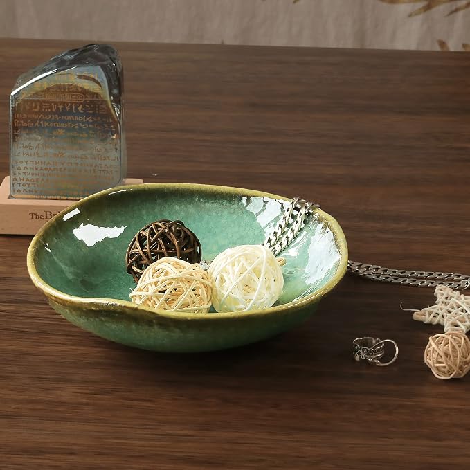 8" Green Ceramic Decorative Bowl, Reactive Glaze Stoneware | Handcrafted, For Coffee Table, Modern Home Décor, Key Holder, Entryway Table Accent