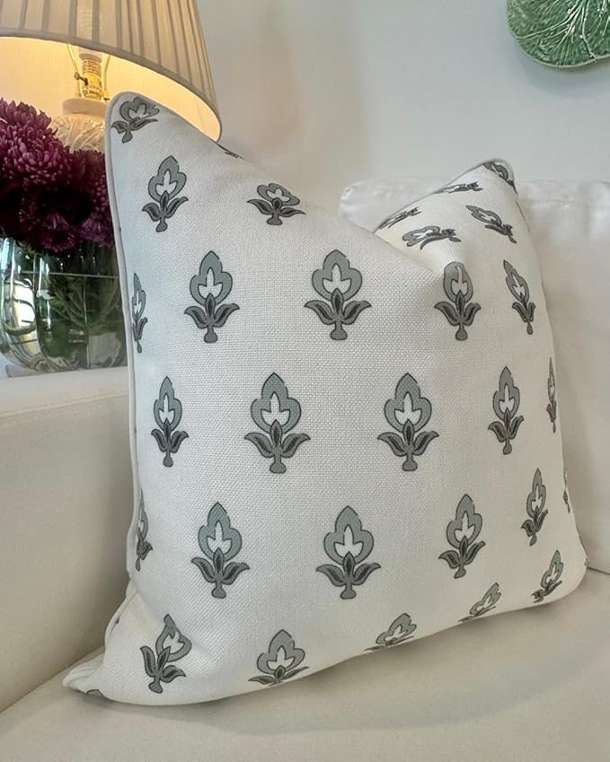 Jillien Harbor “The Poppy” Floral Block Print Pillow Cover – Green Leaf Decorative Festive Throw Pillow Cover with White Background – Grandmillennial Home Decor, 20" x 20"