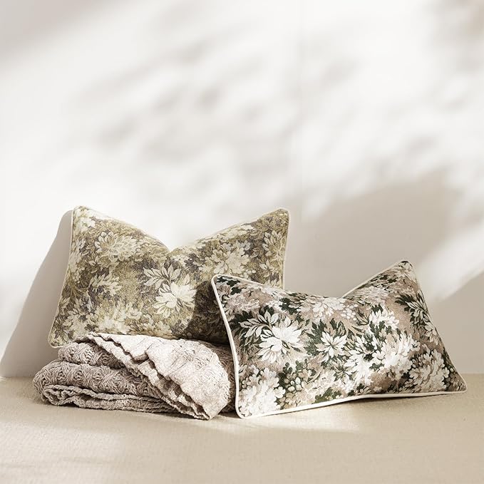 DEZENE Pack of 2 Vintage Floral Pillow Covers 12x20 Boho Farmhouse Accents Chenille Rectangular Lumbar Decorative Throw Pillow Cases for Living Room Couch Bed Home Decor, Green and Taupe