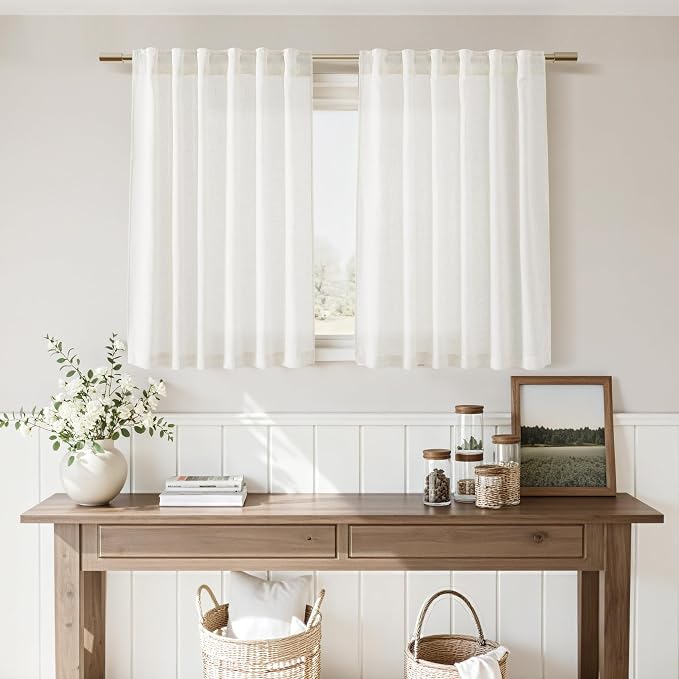 Nanspring 24 Inch Linen Curtains for Kitchen Beige White Small Window Semi Sheer Curtains Back Tab and Rod Pocket Light Filtering Drapes for Basement Short Cafe Curtain 26 x 24 Inch, 2 Panels